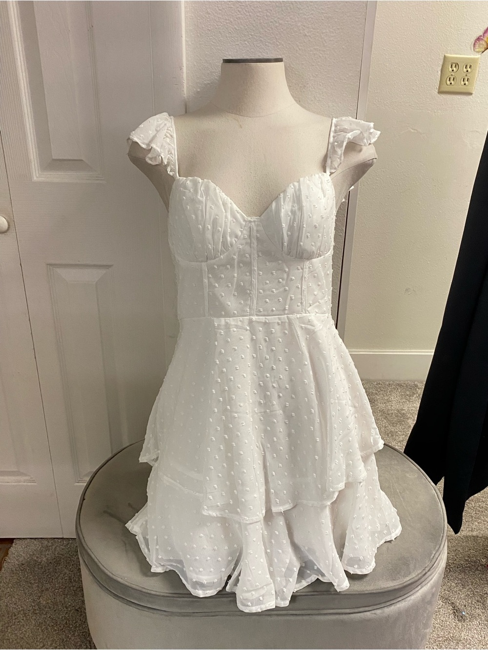Selfie Leslie White Swiss Dot Ruffle Tiered Mini Dress